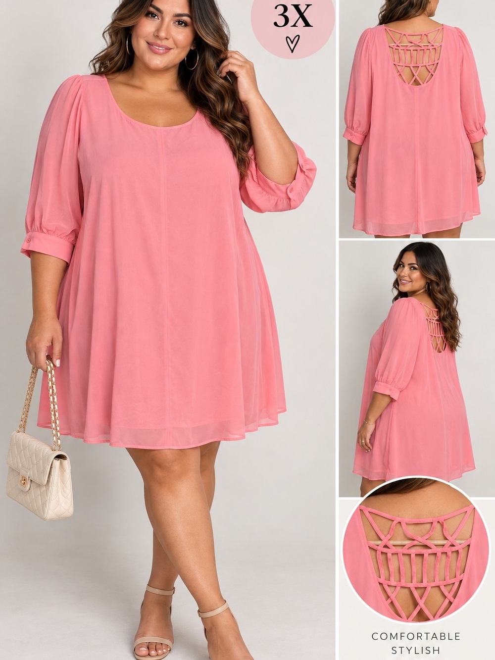 Plus Size Pink Short Sleeve Swing Dress with Lattice Back